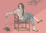  2boys black_cat black_hair blue_pants branch cat chair closed_eyes dated highres leaf long_hair long_sleeves luoxiaohei mugi-co multiple_boys pants pink_background plant ponytail sandals shirt simple_background the_legend_of_luo_xiaohei white_shirt wuxian_(the_legend_of_luoxiaohei) 