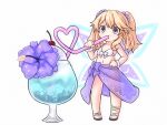  1girl bare_shoulders bikini blonde_hair blue_eyes blush breasts cherry choujigen_game_neptune collarbone crazy_straw deformed drink drinking_straw eyebrows_visible_through_hair flower food fruit heart_straw highres histoire holding long_hair neptune_(series) novus_rue simple_background small_breasts solo swimsuit twintails white_background 