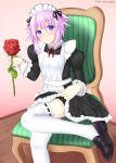  1girl absurdres alternate_costume apron apron_lift black_dress blush chair choujigen_game_neptune clothes_lift crossed_legs dress enmaided flower foot_out_of_frame frilled_apron frilled_dress frills hair_between_eyes hair_ornament highres holding holding_flower juliet_sleeves long_sleeves looking_at_viewer maid maid_apron maid_headdress neck_ribbon neptune_(neptune_series) neptune_(series) pink_background point_egress puffy_sleeves purple_hair ribbon ribbon-trimmed_legwear ribbon_trim self_upload short_hair_with_long_locks sitting skirt skirt_lift smile solo thigh-highs thighs violet_eyes white_apron white_headwear white_legwear wooden_floor 