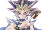  1boy blonde_hair blue_jacket bright_pupils card chain_necklace collar holding holding_card jacket jacket_on_shoulders jewelry male_focus multicolored_hair necklace purple_hair simple_background solo spiky_hair talgi two-tone_hair upper_body violet_eyes white_background white_pupils yami_yuugi yu-gi-oh! yu-gi-oh!_duel_monsters 