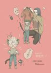  2boys absurdres animal_ears blue_pants braid braided_ponytail brown_sweater cat_boy cat_ears cat_tail dated grey_hair grey_shirt hair_over_shoulder highres long_hair long_sleeves luoxiaohei mugi-co multiple_boys pants pink_background shirt short_hair simple_background speech_bubble sweater tail the_legend_of_luo_xiaohei translation_request very_long_hair white_hair wuxian_(the_legend_of_luoxiaohei) 