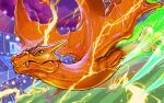  blue_eyes charizard claws clouds commentary_request electricity fire flying looking_at_viewer no_humans pokemon pokemon_(creature) solo stadium unno_daisuke 