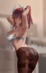  1girl armpits arms_up artist_name bangs blurry blurry_background blush bra breasts cowboy_shot horns hunyan original pantyhose parted_lips profile redhead shadow sideboob solo underwear white_bra white_horns 