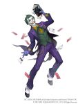  1boy blue_gloves book card clown colored_skin crazy_smile crossover dc_comics full_body gloves green_hair green_vest grin highres holding holding_book ji_no joker_(dc) looking_at_viewer makeup official_art playing_card purple_suit sinoalice smile solo square_enix tailcoat vest white_background white_skin 