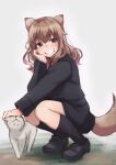  1girl animal_ears black_footwear black_legwear breasts brown_eyes brown_hair cat dog_ears dog_tail fernandia_malvezzi full_body highres hora_liar liar_lawyer medium_hair military military_jacket military_uniform open_mouth petting smile socks solo squatting strike_witches tail uniform world_witches_series 