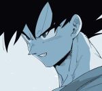  1boy alternate_eye_color aqua_eyes backlighting black_hair blue_theme clenched_teeth close-up dragon_ball dragon_ball_z face facing_viewer grin hair_strand kz_(dbz_kz) light_blue_background light_particles looking_afar male_focus monochrome muted_color pectorals simple_background smile son_goku spiky_hair teeth upper_body 