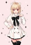  1girl :3 alternate_costume animal_ears antenna_hair arcueid_brunestud bangs black_bow black_footwear black_neckwear blonde_hair blush blush_stickers boots bow bowtie buttons capelet cat_ears commentary_request dress eyebrows_visible_through_hair fingernails hand_on_hip hipo jewelry kemonomimi_mode long_sleeves looking_at_viewer necklace official_alternate_costume red_eyes short_hair solo thigh-highs tsukihime tsukihime_(remake) turtleneck vampire white_capelet white_dress 