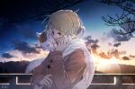  1boy aki963852 animal_on_shoulder artist_name blonde_hair bottle bridge brown_coat brown_eyes clouds coat cold hand_up holding holding_bottle light_rays looking_down looking_to_the_side natsume_takashi natsume_yuujinchou nyanko outdoors scarf smoke solo sunset tree white_scarf wind winter 