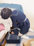  bag bed bed_sheet black_hair blanket blue_bag blue_sailor_collar blue_shirt blue_skirt bob_cut commentary face_down from_behind from_side hair_strand holding holding_bag indoors kneeling long_sleeves mattaku_mousuke no_shoes on_floor original pleated_skirt rug sailor_collar school_bag school_uniform serafuku shirt short_hair skirt socks table tired twitter_username undershirt white_legwear wooden_floor 