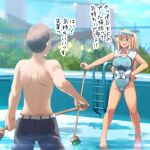  1boy 1girl aqua_swimsuit barefoot black_swimsuit blonde_hair blue_eyes blurry blurry_background breasts broom brown_hair covered_navel day empty_pool fence highleg highleg_swimsuit holding holding_broom ladder large_breasts long_hair male_swimwear one-piece_swimsuit open_mouth original outdoors plant pool ryouma_(galley) shirt short_hair smile swim_trunks swimsuit swimsuit_under_clothes tied_shirt translation_request white_shirt 