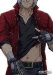  1boy artist_name bandaged_hands bandages beard belt black_gloves black_pants black_shirt clothes_lift coat dante_(devil_may_cry) devil_may_cry_(series) devil_may_cry_5 facial_hair fingerless_gloves gloves gun head_out_of_frame highres holding holding_gun holding_weapon long_coat male_focus navel open_clothes open_coat pants red_coat shirt shirt_lift simple_background smile solo stelarpidgin toned toned_male weapon white_background white_hair 