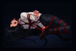  arms_behind_back bdsm black_footwear black_hair black_pants bondage bound bound_legs danganronpa_(series) gag gagged kamukura_izuru looking_at_viewer pants red_rope rei_(tdn_ng) restrained rope shibari shirt shoes tied_up white_shirt 