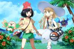  2girls :d bag bangs banned_artist black_hair blonde_hair blue_eyes blunt_bangs braid bush closed_mouth clouds collarbone collared_dress commentary_request cosmog day dress duffel_bag eyelashes flower grass green_eyes green_shorts hat holding holding_poke_ball kneehighs legendary_pokemon lillie_(pokemon) long_hair medium_hair multiple_girls nin_(female) open_mouth orange_flower outdoors palm_tree poke_ball poke_ball_(basic) poke_ball_theme pokemon pokemon_(creature) pokemon_(game) pokemon_sm rowlet see-through selene_(pokemon) shirt short_sleeves shorts shoulder_bag sky sleeveless sleeveless_dress smile standing sun_hat sundress tied_shirt tongue tree twin_braids white_dress white_headwear white_legwear yellow_shirt 