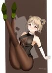  1456169777 1girl absurdres artist_name bangs black_legwear blush breasts character_name closed_mouth covered_nipples cross cross_earrings crossed_legs double_bun earrings elbow_gloves eyebrows_visible_through_hair girls_frontline gloves green_footwear hands_on_floor high_heels highres jewelry legs_up light_brown_hair looking_at_viewer medium_breasts medium_hair on_floor p90_(girls&#039;_frontline) pantyhose red_eyes simple_background solo tongue tongue_out white_gloves 