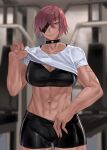  1girl abs artist_name biceps black_choker black_shorts black_sports_bra blurry blurry_background choker cowboy_shot eyepatch highres hunyan muscular muscular_female navel original parted_lips purple_hair scar scar_on_arm shirt short_hair short_sleeves shorts smile solo sports_bra white_shirt 