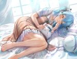  1girl ahoge bare_legs barefoot bed_sheet black_bow blue_hair blue_nails blush bow breasts brown_dress closed_mouth daifuku_(yukihana_lamy) dress elf frilled_dress frills hair_bow hair_ornament hand_on_own_face hololive long_hair looking_at_viewer lying medium_breasts nail_polish on_bed on_side pinafore_dress pointy_ears qian_wu_atai short_sleeves smile snowflake_hair_ornament solo stuffed_toy toenail_polish toenails yellow_eyes yukihana_lamy yukimin_(yukihana_lamy) 