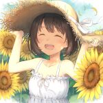 104 1girl bangs blush bob_cut brown_hair closed_eyes clouds cloudy_sky day dress eyelashes field flower flower_field hair_flower hair_ornament hand_on_headwear hands_up happy hat hat_ribbon highres open_mouth original ribbon short_hair sky sleeveless sleeveless_dress smile solo straw_hat sun_hat sundress sunflower sunflower_hair_ornament teeth upper_body white_dress white_ribbon yellow_flower 