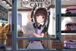  1girl apron baguette bangs black_dress black_hair black_ribbon blush bread cafe cake cleaning closed_mouth commentary_request dress eyebrows_visible_through_hair food glass_door hair_ribbon holding indoors long_hair looking_at_viewer maid maid_cafe maid_headdress menu_board necktie original purple_neckwear ribbon short_sleeves sidelocks sign smile solo superpig twintails violet_eyes white_apron wiping 