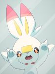  against_glass commentary_request hands_up looking_at_viewer no_humans open_mouth orange_eyes pokemon pokemon_(creature) purobe scorbunny solo tongue upper_teeth 