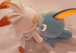  bed_sheet blue_eyes blush bright_pupils closed_eyes commentary_request creature from_above highres kiss looking_at_another no_humans pokemon pokemon_(creature) purobe scorbunny sitting sobble toes white_pupils 