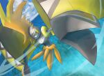  absurdres clouds commentary_request day flying highres legendary_pokemon looking_at_viewer no_humans outdoors pokemon pokemon_(creature) purobe sky solo tapu_koko water 