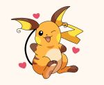  ;d black_eyes commentary_request full_body heart looking_at_viewer no_humans one_eye_closed open_mouth pokemon pokemon_(creature) raichu simple_background smile solo teso_(muchipoyorairai) toes tongue white_background 