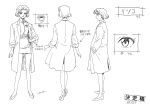  1girl absurdres character_sheet from_behind from_side full_body greyscale highres monochrome multiple_views neon_genesis_evangelion official_art production_art sadamoto_yoshiyuki simple_background turnaround white_background zip_available 