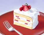  cake cake_slice commentary_request food food_focus fork fruit icing isaki_(gomi) no_humans original plate still_life strawberry strawberry_shortcake 