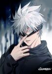  1boy artist_name bangs black_blindfold black_jacket blindfold blindfold_down blue_eyes gearous gojou_satoru high_collar highres jacket jujutsu_kaisen looking_at_viewer male_focus one_eye_covered open_mouth short_hair solo upper_body white_hair 