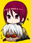  angry chibi glasses gloves highres k&#039;_(kof) okyou stack the_king_of_fighters whip_(kof) white_hair yellow_background 