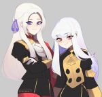  2girls artist_name ascot bangs buttons cape closed_mouth commentary crossed_arms edelgard_von_hresvelg english_commentary epaulettes eyebrows_visible_through_hair fire_emblem fire_emblem:_three_houses garreg_mach_monastery_uniform gloves grey_background hair_between_eyes hair_ribbon juliet_sleeves lazymimium long_hair long_sleeves looking_at_viewer lysithea_von_ordelia multiple_girls pantyhose pink_eyes puffy_sleeves purple_ribbon red_cape red_legwear ribbon sidelocks signature simple_background smile uniform violet_eyes white_gloves white_hair white_neckwear 