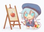  1girl apple artist_name beret blue_eyes blue_hair blue_headwear blue_overalls bow canvas_(object) chibi cirno collared_shirt commentary easel english_commentary fairy_wings food fruit full_body fumo_(doll) hair_between_eyes hat holding holding_paintbrush holding_palette messy neck_ribbon overalls paint_on_clothes paint_splatter paint_splatter_on_face paintbrush painting_(object) palette_(object) pencil picture_(object) red_apple red_bow red_ribbon ribbon shirt short_hair short_sleeves simple_background skullchimes smile solo touhou twitter_username v-shaped_eyebrows watermark white_background white_shirt wings 