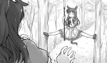  2girls animal_ears bow bowtie closed_eyes el_condor_pasa_(umamusume) false_smile frilled_skirt frills grass_wonder_(umamusume) greyscale holding holding_polearm holding_weapon horse_ears horse_girl horse_tail loafers long_hair mashin_sentai_kiramager monochrome multiple_girls muusu naginata parody pleated_skirt polearm puffy_short_sleeves puffy_sleeves sailor_collar sailor_shirt school_uniform shirt shoes short_sleeves skirt summer_uniform super_sentai sweat tail thigh-highs tracen_school_uniform trembling umamusume weapon 