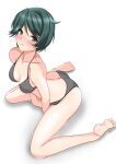  1girl absurdres bangs bare_shoulders barefoot bikini blush breasts eyebrows_visible_through_hair green_eyes green_hair grey_bikini highres kantai_collection looking_at_viewer medium_breasts mogami_(kancolle) nitamako_(sakamalh) open_mouth short_hair simple_background sitting smile solo swept_bangs swimsuit thighs wariza white_background 