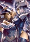  2girls artist_name asymmetrical_docking bare_shoulders blonde_hair blue_eyes blush_stickers breast_press breasts choker clenched_teeth commentary cowboy_shot dark_magician_girl dress duel_monster english_commentary gameplay_mechanics gloves hat height_difference highres hip_vent large_breasts long_hair multiple_girls silent_magician silver_hair sneer sweatdrop teeth the_golden_smurf thigh-highs wizard_hat yu-gi-oh! 