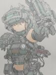  1girl armor breasts brown_hair closed_mouth elbow_gloves gloves goggles goggles_on_headwear grey_background hair_between_eyes helmet highres looking_at_viewer mecha_musume medium_breasts mekaringo midriff original power_armor red_eyes science_fiction simple_background solo upper_body 