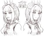  2girls angry armor bad_id bad_twitter_id blush closed_mouth commentary_request double_bun eyebrows_visible_through_hair eyelashes hair_ribbon hand_on_own_face haniwa_(statue) haniyasushin_keiki happy head_scarf joutouguu_mayumi monochrome multiple_girls open_clothes puffy_short_sleeves puffy_sleeves ribbon shokabatsuki short_hair short_sleeves smile touhou white_background 