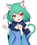  1girl :3 :d absurdres animal_ear_fluff animal_ears animal_print black_ribbon blue_dress blue_hair blue_sleeves blush brooch butterfly_print cat_ears cat_girl cat_tail colored_tips detached_collar detached_sleeves dress ear_piercing fang fingernails green_hair hair_ornament hair_ribbon highres hololive jewelry juliet_sleeves long_sleeves medium_hair open_mouth parted_hair paw_pose piercing pom_pom_(clothes) pom_pom_hair_ornament puffy_sleeves red_eyes ribbon short_dress skin_fang skull_brooch skull_hair_ornament smile strapless strapless_dress tail tyama-tya upper_body uruha_rushia v-shaped_eyebrows virtual_youtuber wide_sleeves 