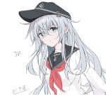  1girl anchor_symbol black_headwear black_sailor_collar blue_eyes commentary_request core_(mayomayo) dated flat_cap hat hibiki_(kancolle) kantai_collection long_hair looking_at_viewer neckerchief red_neckwear sailor_collar school_uniform serafuku silver_hair simple_background solo upper_body white_background 