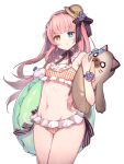  1girl absurdres blush breasts character_request commentary_request girl_cafe_gun hat headband heterochromia highres innertube long_hair mulleonghan_mun-eo navel pink_hair pout simple_background small_breasts solo stuffed_animal stuffed_toy swimsuit white_background 