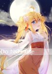  1girl :d ahoge bangs blonde_hair blue_eyes breasts clouds commentary_request english_text eyebrows_visible_through_hair flower full_moon hair_between_eyes hair_flower hair_ornament hakama hakama_skirt hand_up highres holding japanese_clothes kimono long_hair long_sleeves looking_at_viewer mo_(pixiv9929995) moon night night_sky open_mouth original outdoors red_hakama skirt sky small_breasts smile solo star_(sky) starry_sky twintails very_long_hair watermark white_flower white_kimono wide_sleeves 