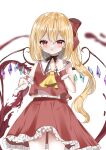  1girl :o adapted_costume ambiguous_red_liquid ascot bare_shoulders black_choker black_ribbon blurry blurry_background blush bow chestnut_mouth choker commentary_request cowboy_shot crystal cup depth_of_field drinking_glass eyebrows_visible_through_hair flandre_scarlet hair_between_eyes hair_bow hand_up highres looking_at_viewer no_hat no_headwear okome2028 one_side_up parted_lips petticoat red_bow red_eyes red_skirt red_vest ribbon ribbon_choker short_hair simple_background skirt solo spilling touhou vest white_background wine_glass wings wrist_cuffs yellow_neckwear 