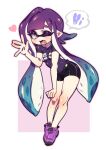  1girl black_shorts fang grey_eyes heart highres inkling junco long_hair looking_at_viewer one_eye_closed open_mouth pointy_ears purple_footwear purple_hair purple_shirt shirt shoes short_sleeves shorts simple_background smile solo speech_bubble splatoon_(series) white_background 