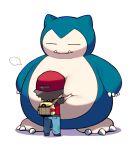  1boy backpack bag baseball_cap black_footwear blue_pants brown_hair chibi commentary_request hat hug iroyopon jacket male_focus pants pokemon pokemon_(creature) pokemon_(game) pokemon_frlg red_(pokemon) red_headwear shoes short_hair short_sleeves snorlax spiky_hair standing white_background yellow_bag 