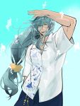  1boy aqua_eyes aqua_hair betweeneyeblow chiyoganemaru highres japanese_clothes kariyushi_shirt long_hair looking_at_viewer low-tied_long_hair low_ponytail male_focus open_mouth shirt short_sleeves shorts simple_background smile solo touken_ranbu very_long_hair water white_shirt 