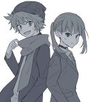  1boy 1girl bangs beanie braid chidouin_sara closed_mouth collar greyscale hair_between_eyes hat highres hiyori_sou jacket kimi_ga_shine long_sleeves monochrome necktie open_clothes open_jacket open_mouth ponytail scarf simple_background sweat upper_body wd_154 
