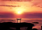  clouds commentary_request horizon isaki_(gomi) no_humans orange_sky original scenery sky sun sunrise torii 