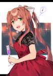  1girl alternate_costume azna bangs blush bow breasts cup doki_doki_literature_club dress eyebrows_visible_through_hair hair_between_eyes hair_bow highres holding holding_cup lace lace-trimmed_dress lace_trim light_brown_hair long_hair looking_at_viewer medium_breasts monika_(doki_doki_literature_club) musical_note open_mouth ponytail short_sleeves sidelocks simple_background solo sparkle spoken_musical_note upper_body white_bow 