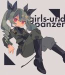  1girl :&gt; anchovy_(girls_und_panzer) anzio_military_uniform bad_id bad_tumblr_id bangs belt black_belt black_footwear black_neckwear black_ribbon boots breast_pocket c: closed_mouth copyright_name daizu_(melon-lemon) drill_hair elbow_rest eyebrows_visible_through_hair eyes_visible_through_hair film_grain foot_out_of_frame from_side girls_und_panzer gradient_eyes grey_background grey_hair grey_jacket grey_pants hair_between_eyes hair_ribbon highres jacket knee_boots knee_up long_hair long_sleeves looking_at_viewer looking_to_the_side multicolored multicolored_eyes necktie no_nose outstretched_leg pants pink_eyes pocket red_eyes ribbon riding_crop sam_browne_belt sidelocks sitting smile solo twin_drills twintails v-shaped_eyebrows wing_collar 