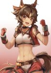  1girl :d animal_ears bangs bitter_glasse_(umamusume) black_choker breasts brown_hair choker clenched_hands collarbone commentary_request cowboy_shot crop_top eyebrows_visible_through_hair fingerless_gloves gloves gradient gradient_background hands_up highres horse_ears looking_at_viewer medium_breasts midriff navel open_clothes open_mouth open_vest red_background red_eyes red_gloves red_vest shirt short_hair_with_long_locks sleeveless sleeveless_shirt smile solo stomach tail tks_(526tks) umamusume vest white_background white_shirt 